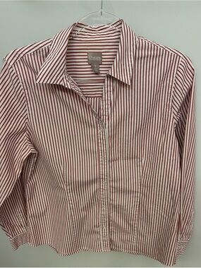 Chico's Sz 1 Red & White Vertical Stripe Button-Front Shirt